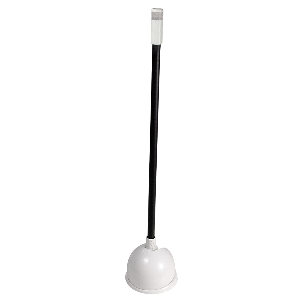 White toilet plunger with black handle for bathroom clog removal