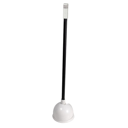 White toilet plunger with black handle for bathroom clog removal
