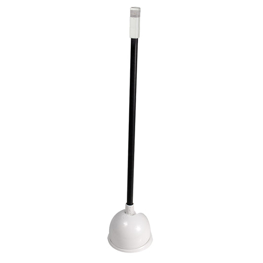 White toilet plunger with black handle for bathroom clog removal