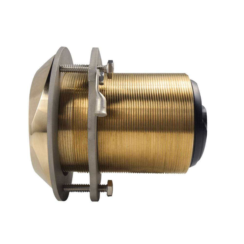 Brass marine thru-hull fitting with threaded body and mounting flange for boat installation