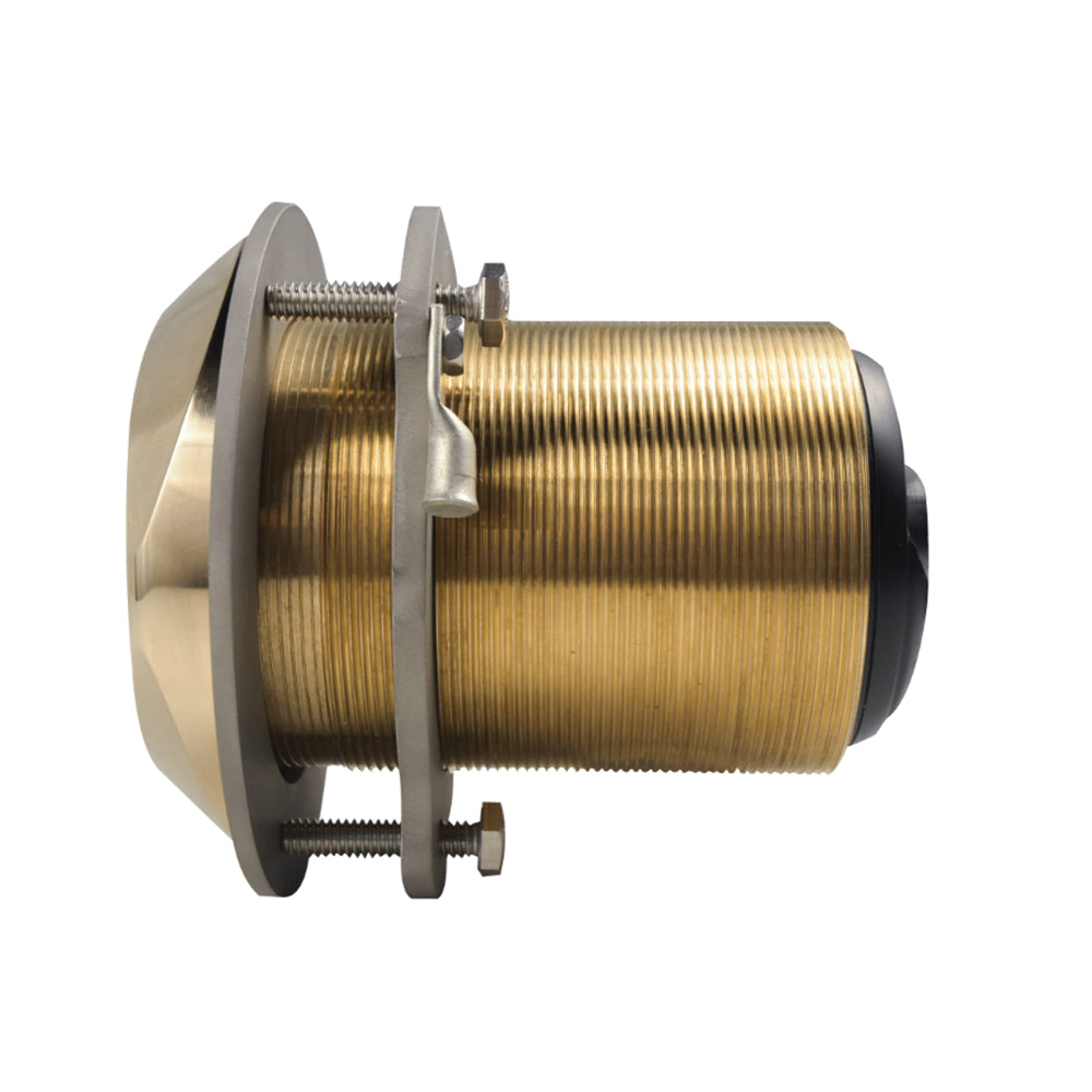 Brass marine thru-hull fitting with threaded body and mounting flange for boat installations