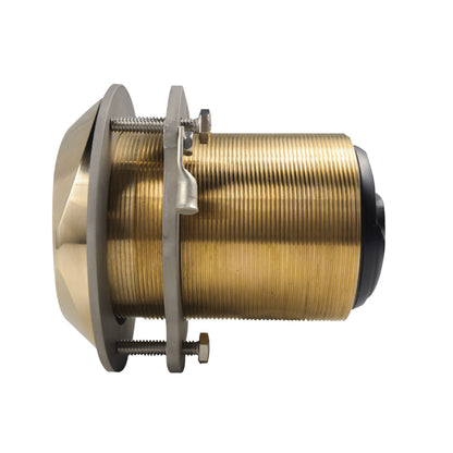 Brass marine thru-hull fitting with threaded body and mounting flange for boat installations
