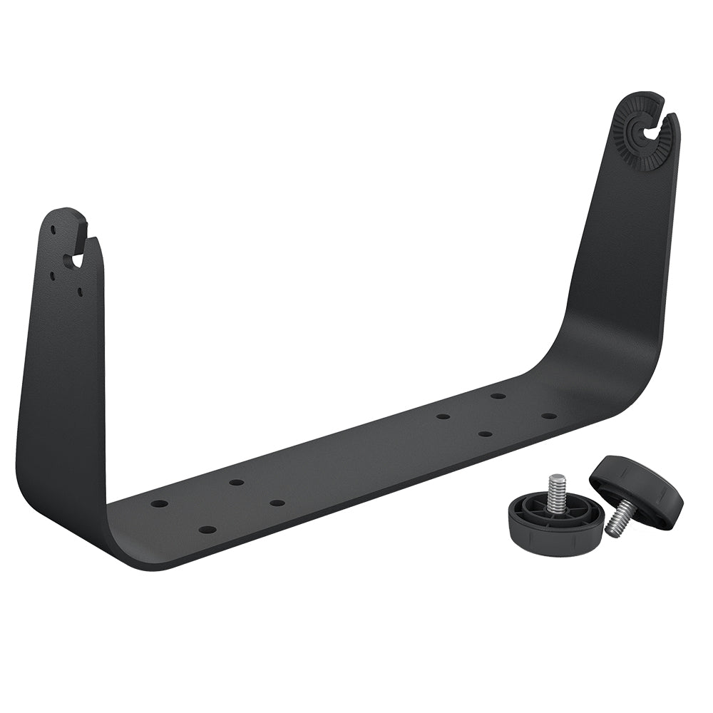 Black U-shaped car audio mounting bracket with adjustment knobs and screws for secure installation