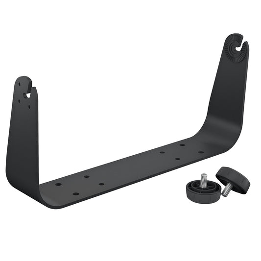 Black U-shaped car audio mounting bracket with adjustment knobs and screws for secure installation