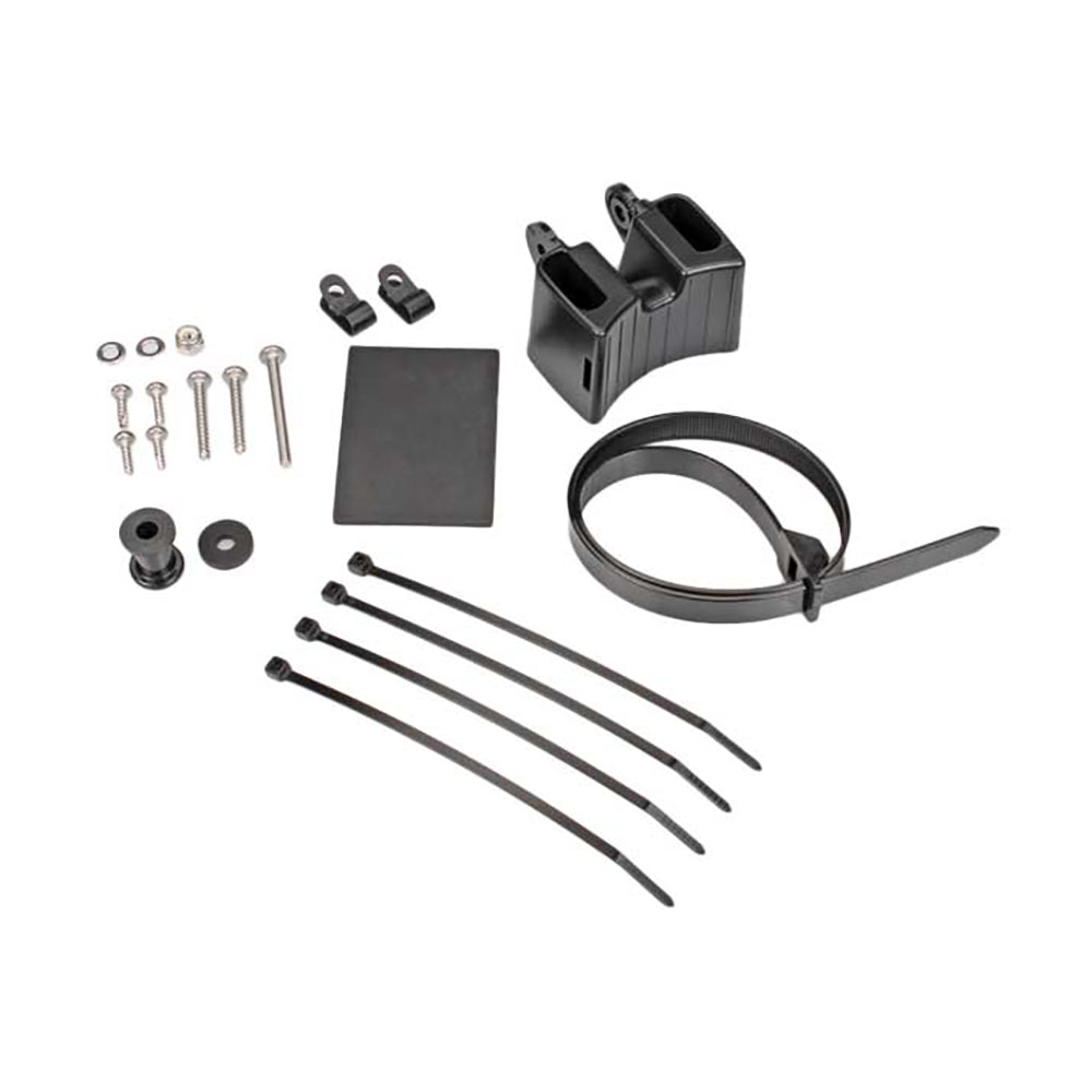 Black dual cup holder mount kit with screws, zip ties, and hardware for car audio installation