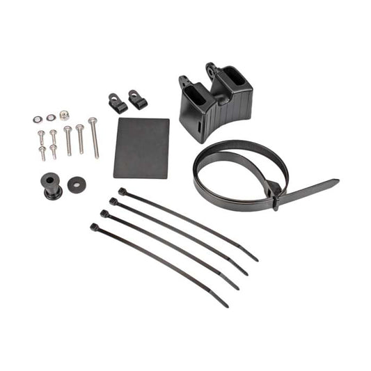Black dual cup holder mount kit with screws, zip ties, and hardware for car audio installation