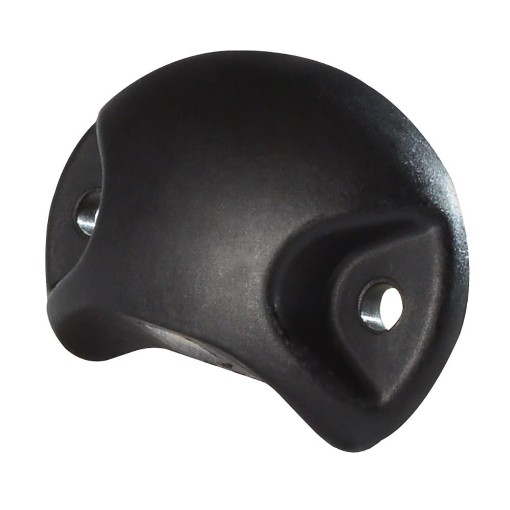 Black plastic automotive mounting bracket with two screw holes for secure installation