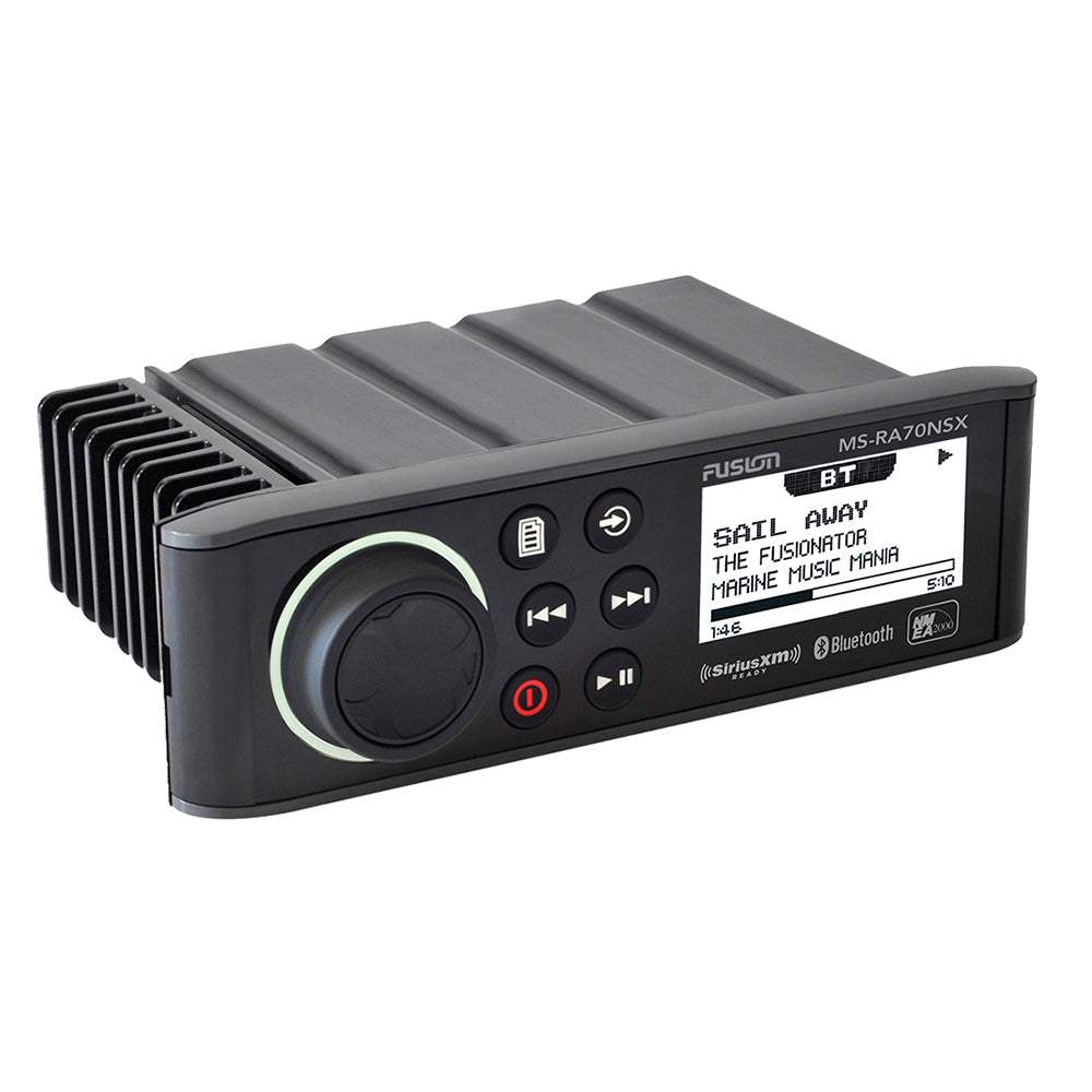 Fusion MS-RA70NSX marine stereo with Bluetooth & SiriusXM, rugged black design for boat audio systems
