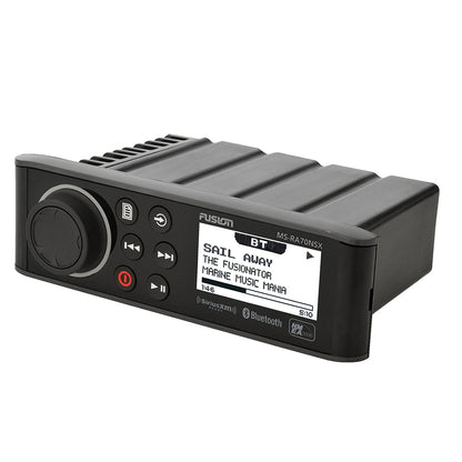 Fusion MS-RA70NSX marine stereo with Bluetooth & SiriusXM, displaying 'Sail Away' track on screen