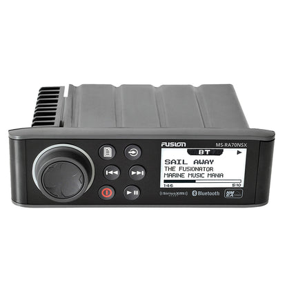 Fusion MS-RA70NSX marine stereo with Bluetooth and SiriusXM, displaying 'Sail Away' track on screen