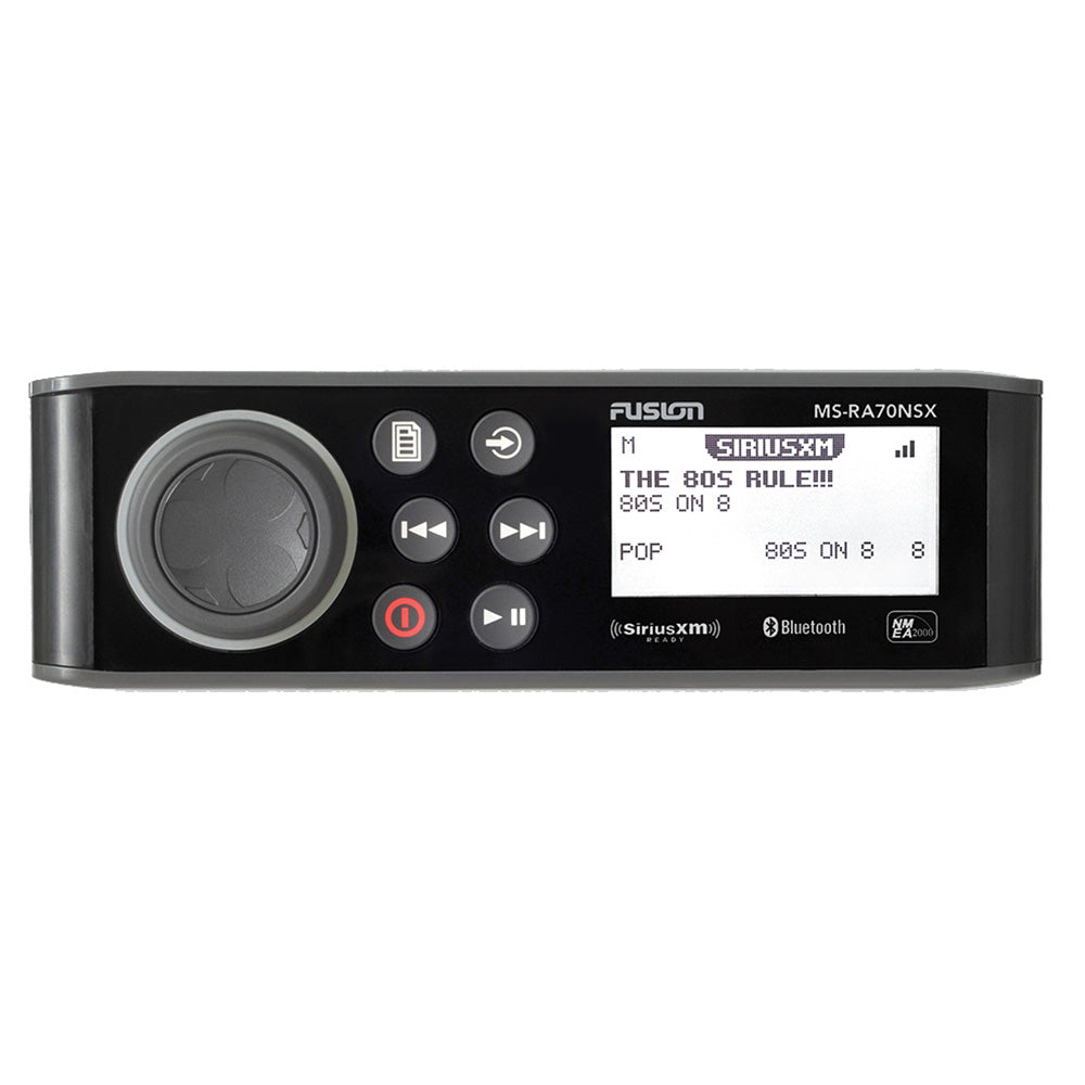 Fusion MS-RA70NSX marine stereo with SiriusXM, Bluetooth, and NMEA 2000 support for boat audio systems
