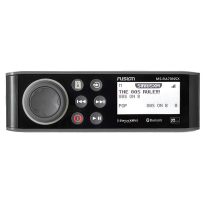 Fusion MS-RA70NSX marine stereo with SiriusXM, Bluetooth, and NMEA 2000 support for boat audio systems