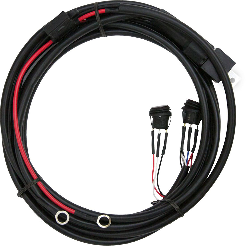 Coiled black and red wiring harness with switches for car audio installation