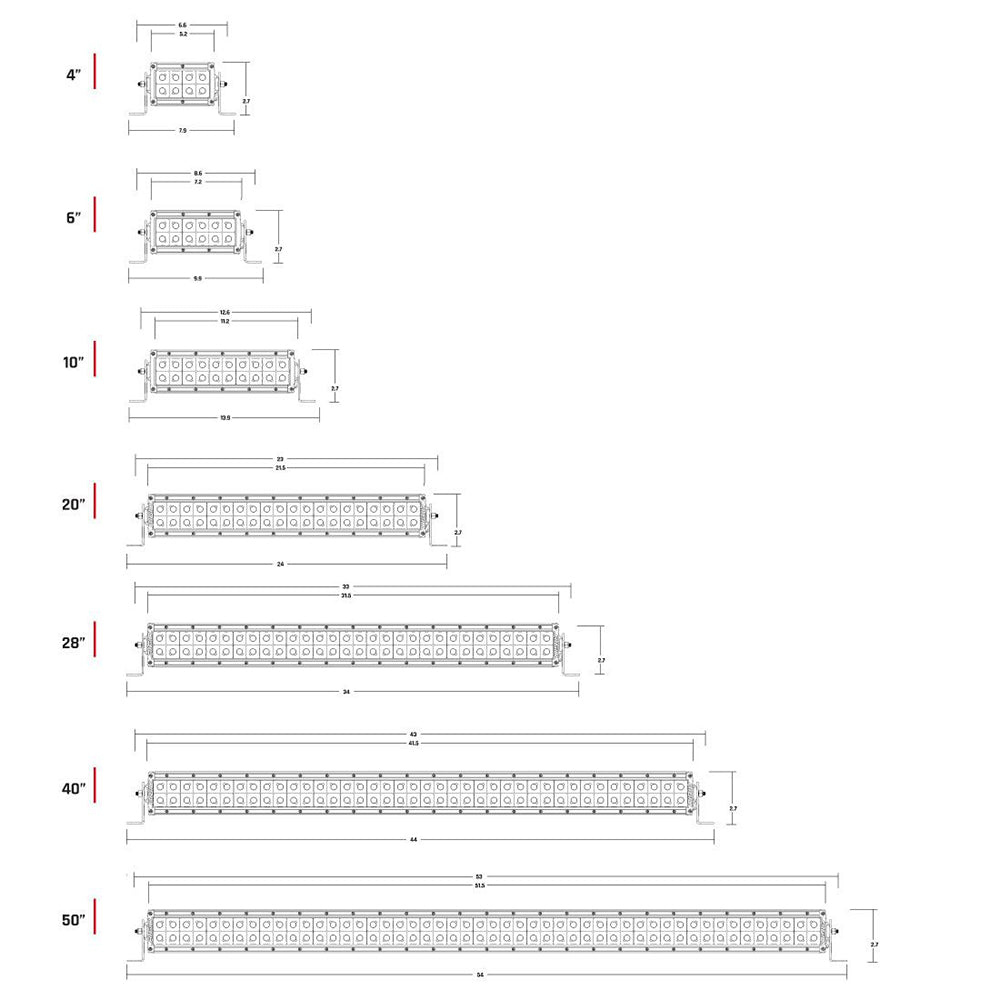 LED light bar size chart with dimensions for 4” to 50” models, ideal for auto lighting upgrades
