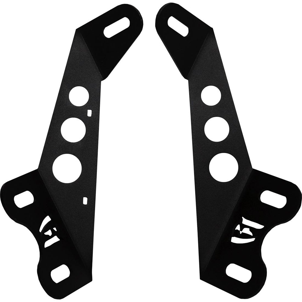 Black metal mounting brackets with circular cutouts for auto audio installation
