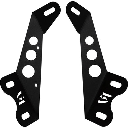 Black metal mounting brackets with circular cutouts for auto audio installation