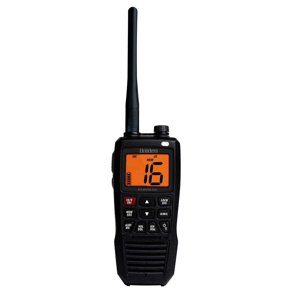 Uniden Atlantis 275 submersible marine VHF radio with orange display and channel 16