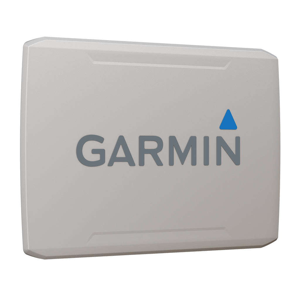 Garmin marine GPS device with blue triangle logo, sleek gray casing for boat navigation systems