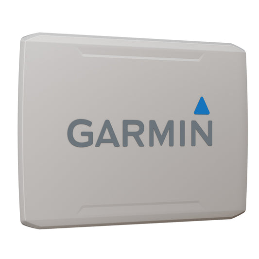 Garmin marine GPS device with blue triangle logo, sleek gray casing for boat navigation systems