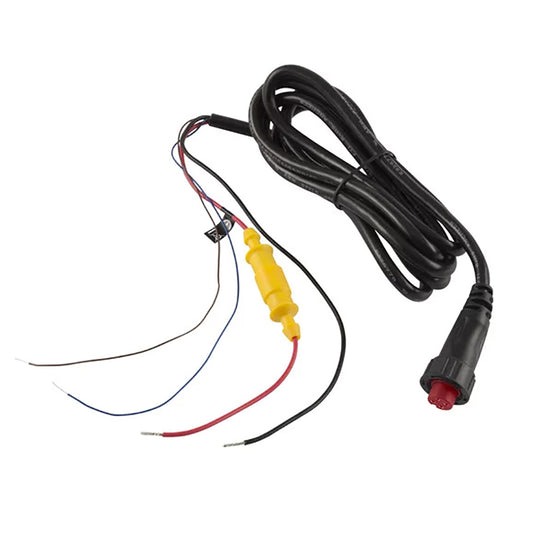 Black wiring harness with red, blue, brown wires, yellow connector, and red-ended plug for car audio installation