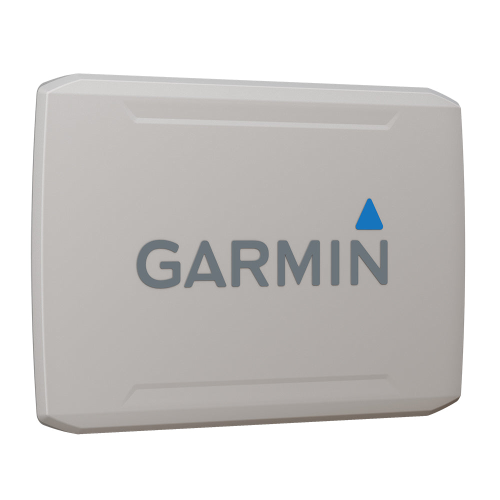 Garmin marine GPS antenna with blue triangle logo, compact gray housing for boating navigation