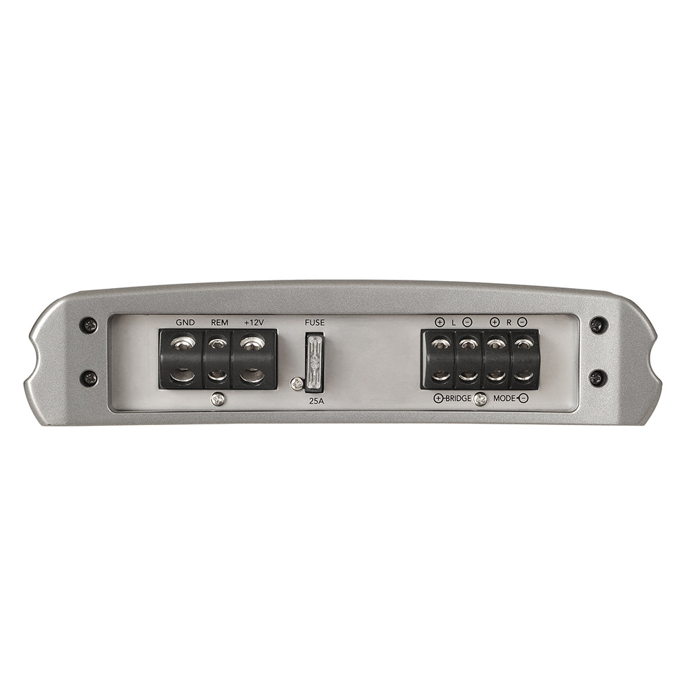 Silver car audio amplifier with GND, REM, +12V, fuse, and speaker terminals for high-quality installation