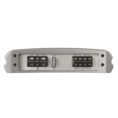 Silver car audio amplifier with GND, REM, +12V, fuse, and speaker terminals for high-quality installation
