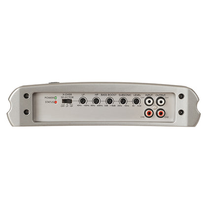 Car audio crossover with LP/HP filters, bass boost, and RCA inputs/outputs for custom sound tuning