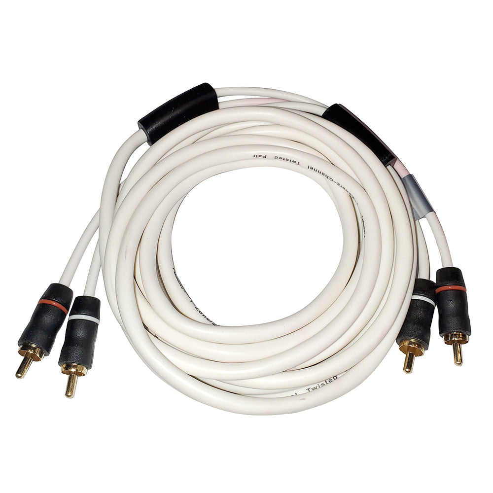 White RCA audio cable with gold-plated connectors, twisted pair design for car stereo or home audio systems
