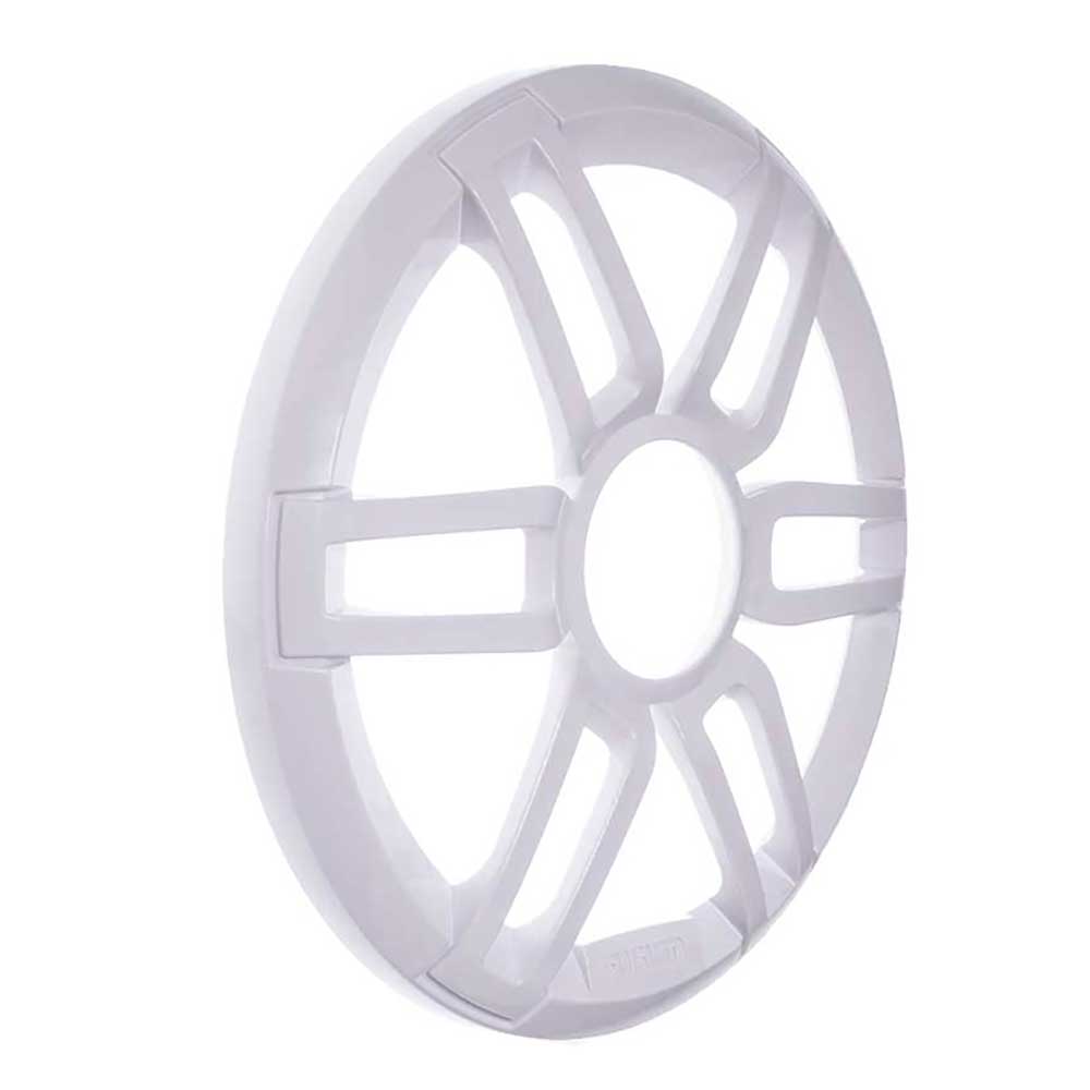 White marine speaker grille with sunburst design for boat audio systems