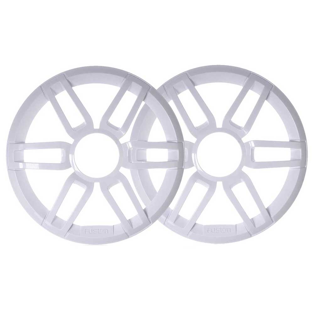 White Fusion speaker grilles for car audio systems, featuring sleek radial design and durable plastic construction.