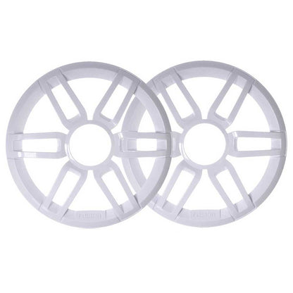 White Fusion speaker grilles for car audio systems, featuring sleek radial design and durable plastic construction.