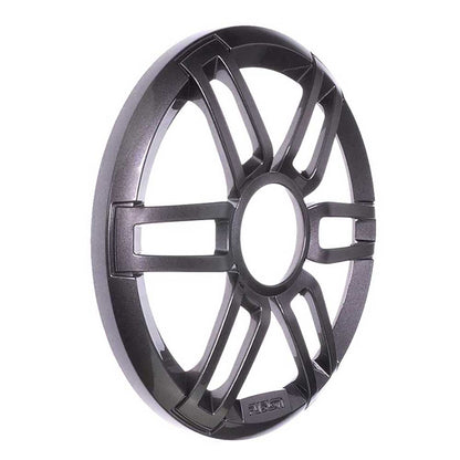 Black JL Audio speaker grille with sleek, angular design for car audio systems