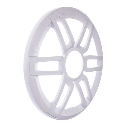 White circular speaker grille with radial slats for car audio installation