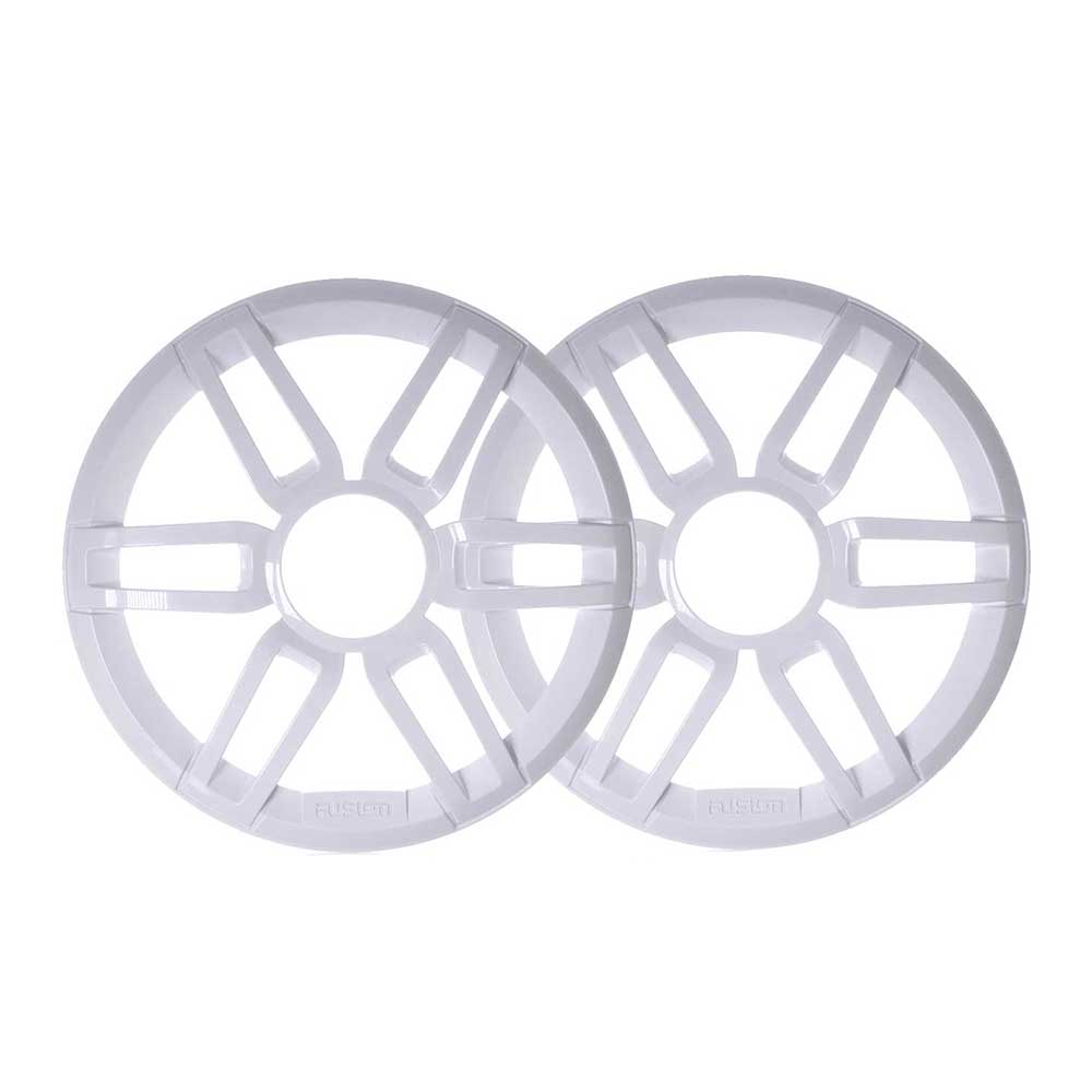 White Fusion speaker grilles for car audio installation, sleek circular design with radial slats