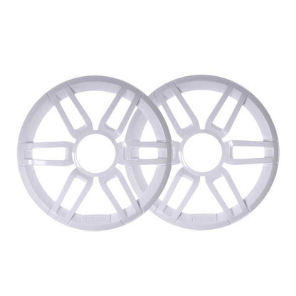 White Fusion speaker grilles for car audio installation, sleek circular design with radial slats