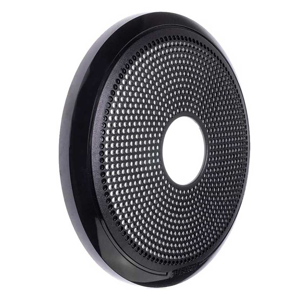 Black circular speaker grille with perforated design for car audio systems