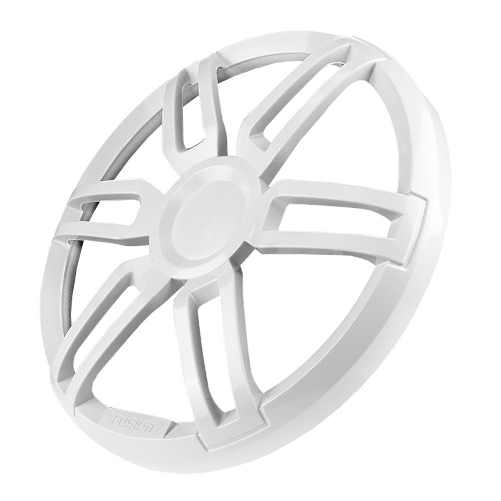 White Fusion marine speaker grille with sunburst design, ideal for boat audio systems