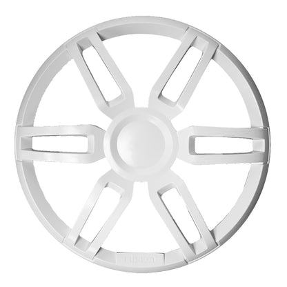 White Fusion speaker grille with sleek multi-spoke design for car audio installation