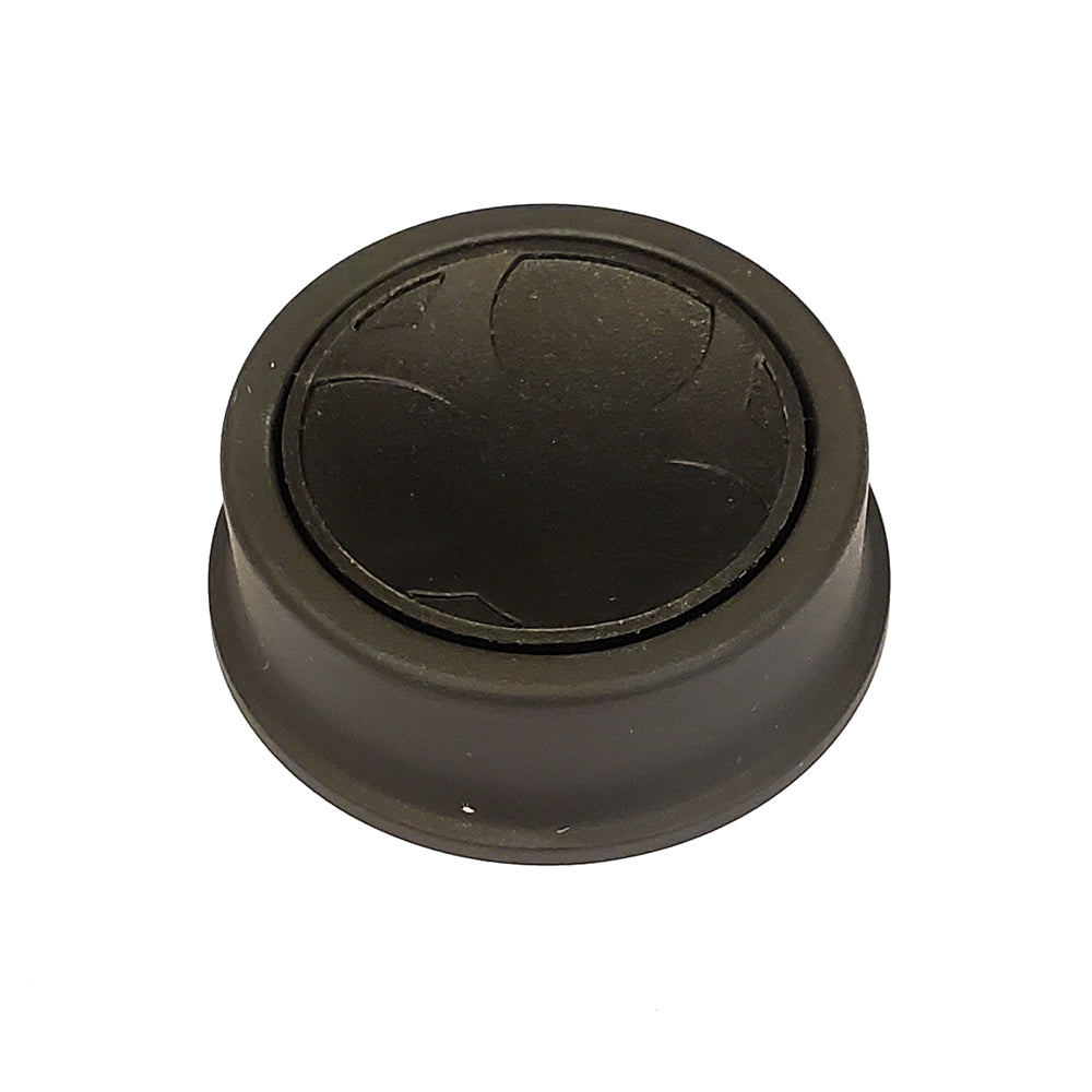 Black rubber grommet with embossed logo, auto audio installation accessory