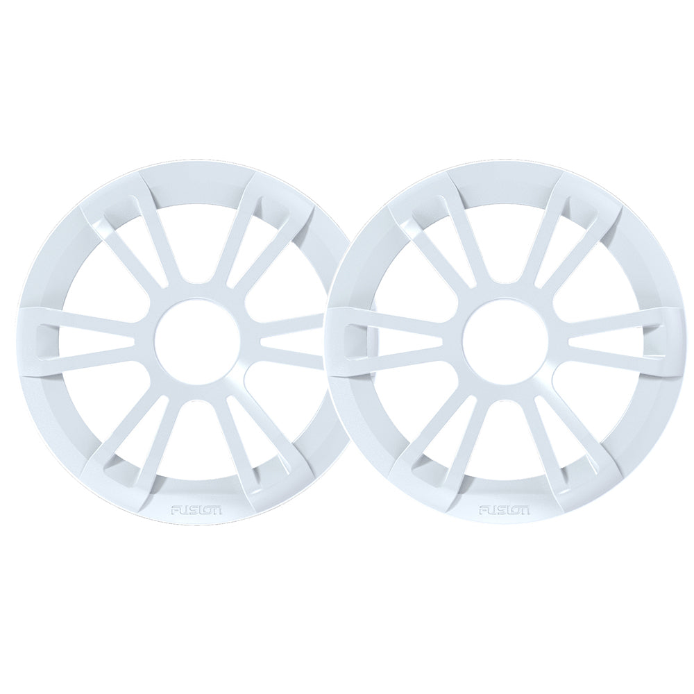 White Fusion marine speaker grilles with sunburst design, ideal for boat audio systems