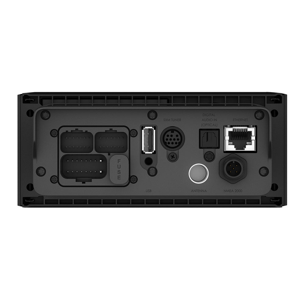 Rear panel of car stereo with USB, Ethernet, antenna, and NMEA 2000 ports for marine audio installation