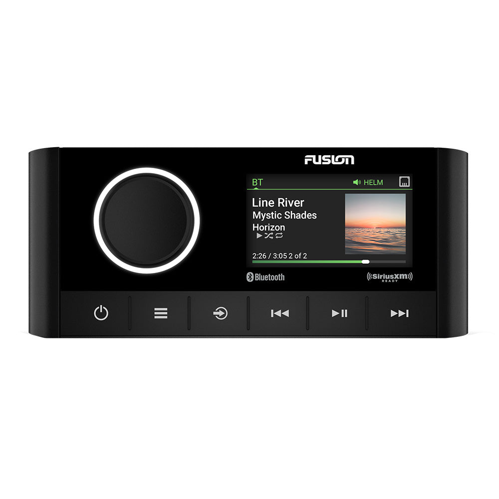 Fusion marine stereo with Bluetooth and SiriusXM, displaying song info on screen