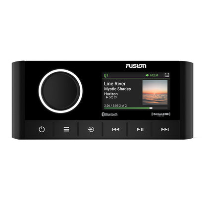 Fusion marine stereo with Bluetooth and SiriusXM, displaying song info on screen