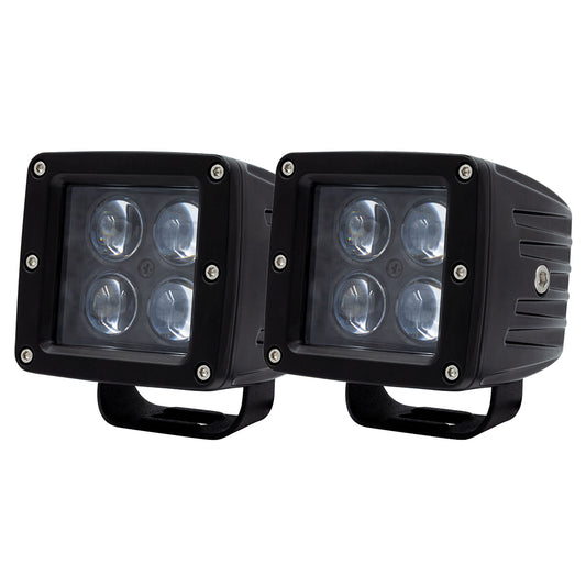 Black square LED work lights with four bulbs, ideal for off-road and vehicle lighting upgrades