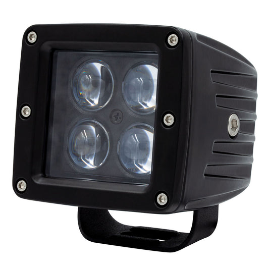 Black square LED work light with four lenses, rugged housing, and mounting bracket for off-road vehicles.
