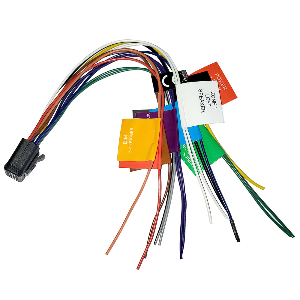 Color-coded car audio wiring harness with labeled connectors for speaker, power, and dim trigger installation