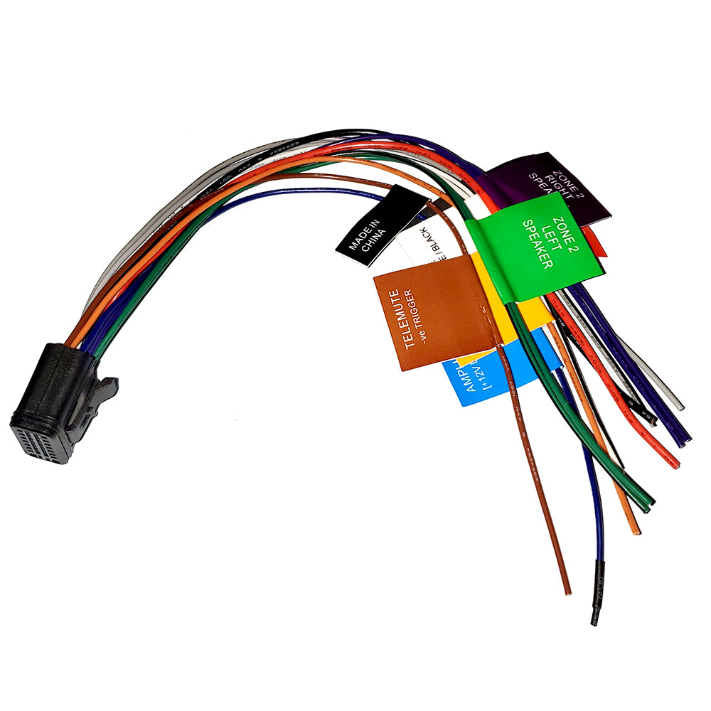 Color-coded car audio wiring harness with labeled speaker and amp connections for precise installation