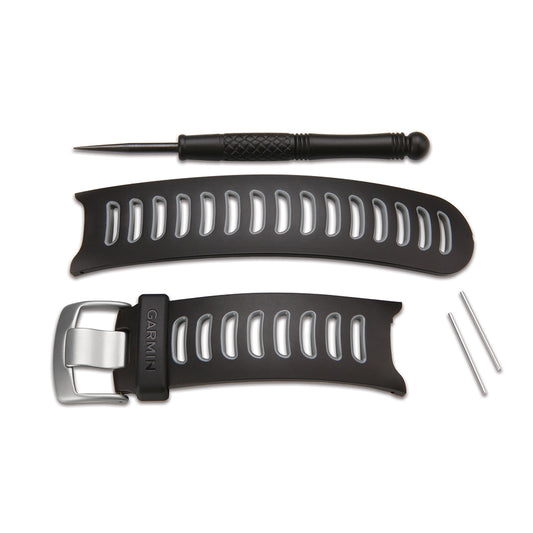 Garmin black silicone watch band with silver buckle, tool, and pins for easy replacement