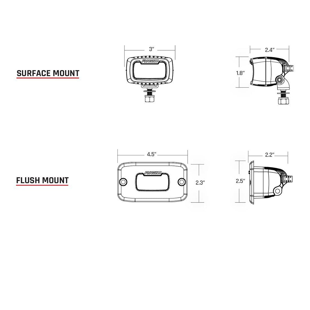 Rigid Industries surface and flush mount LED light dimensions diagram
